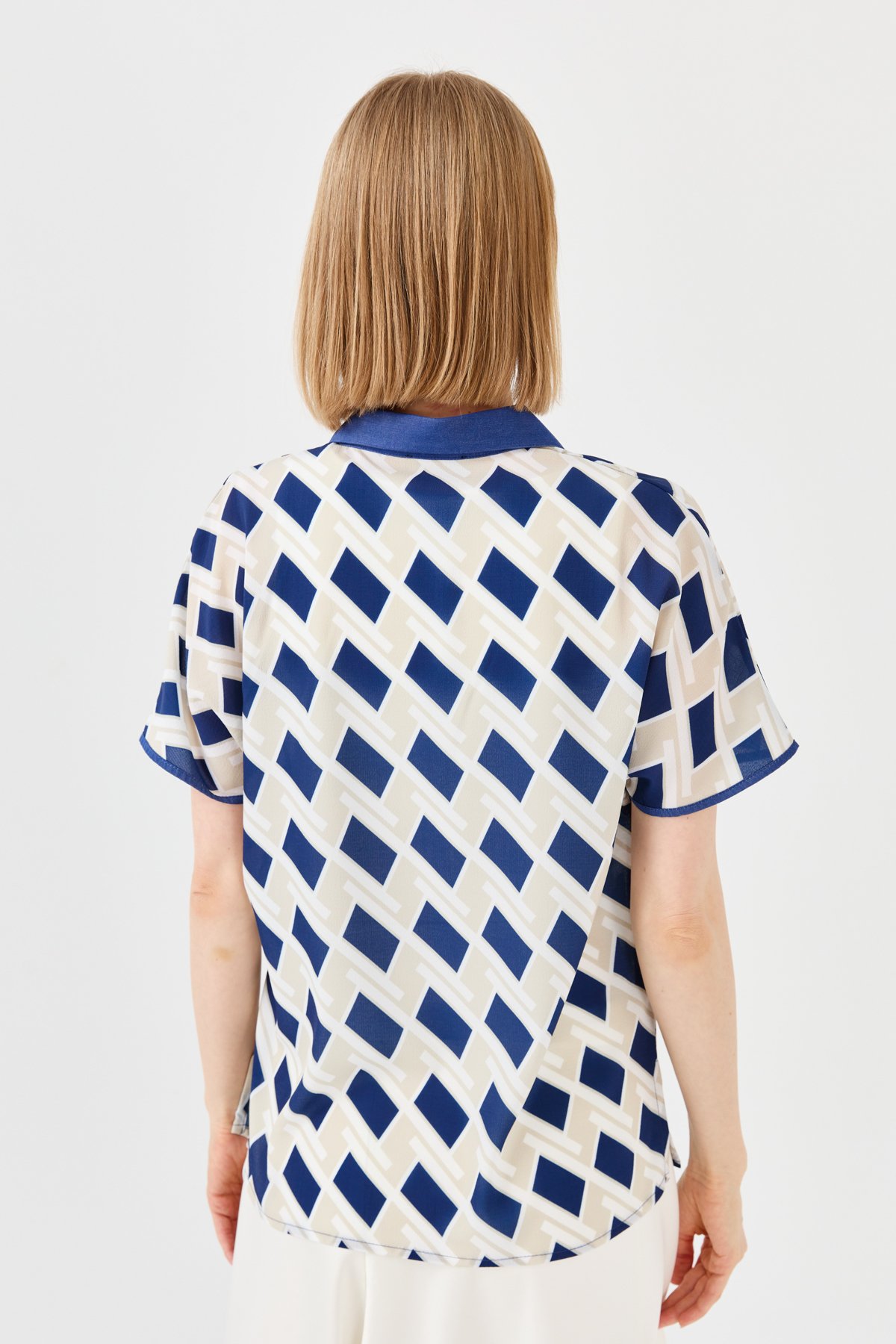 23458Kadın Polo Yaka Kare Desenli Penye T-shirt Lacivert