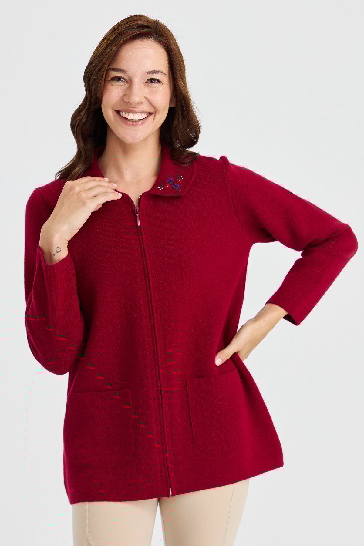 23002Kadın Polo Yaka Kenarı Dantel İşlemeli Yün Ceket V.Çürüğü