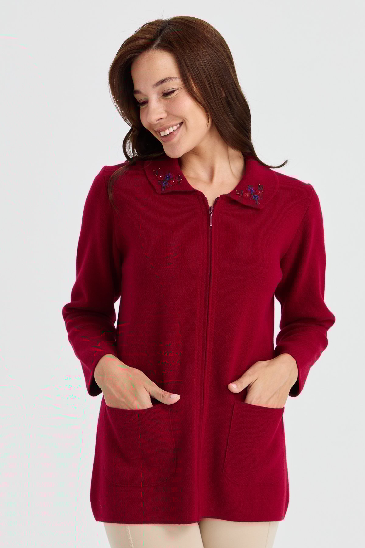 23002Kadın Polo Yaka Kenarı Dantel İşlemeli Yün Ceket V.Çürüğü