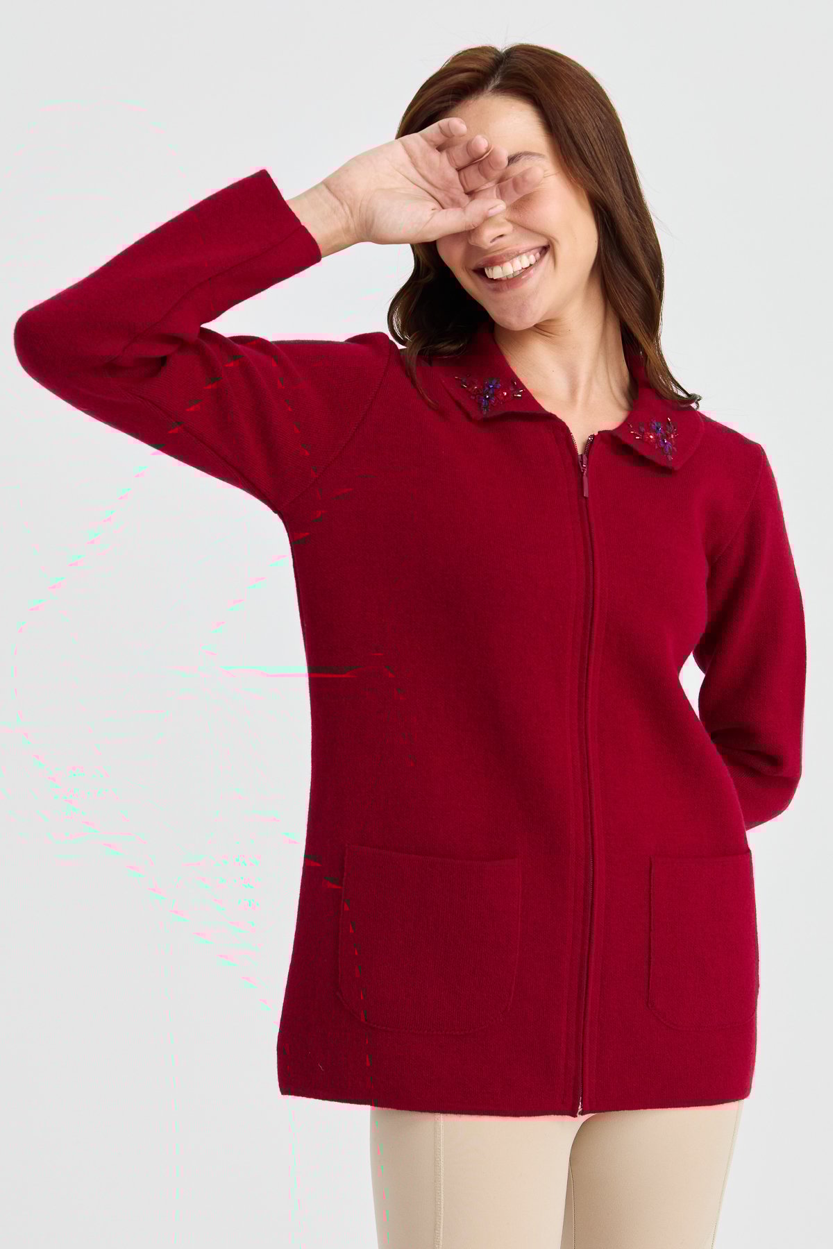 23002Kadın Polo Yaka Kenarı Dantel İşlemeli Yün Ceket V.Çürüğü