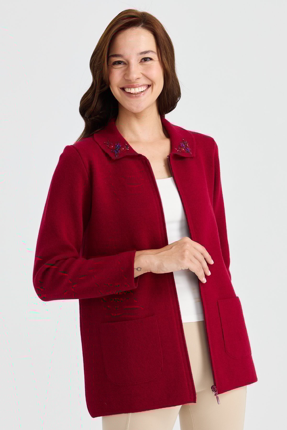 23002Kadın Polo Yaka Kenarı Dantel İşlemeli Yün Ceket V.Çürüğü