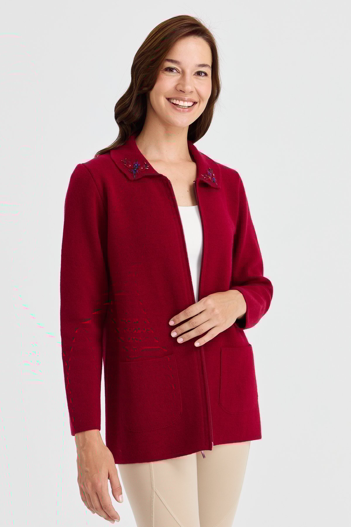 23002Kadın Polo Yaka Kenarı Dantel İşlemeli Yün Ceket V.Çürüğü