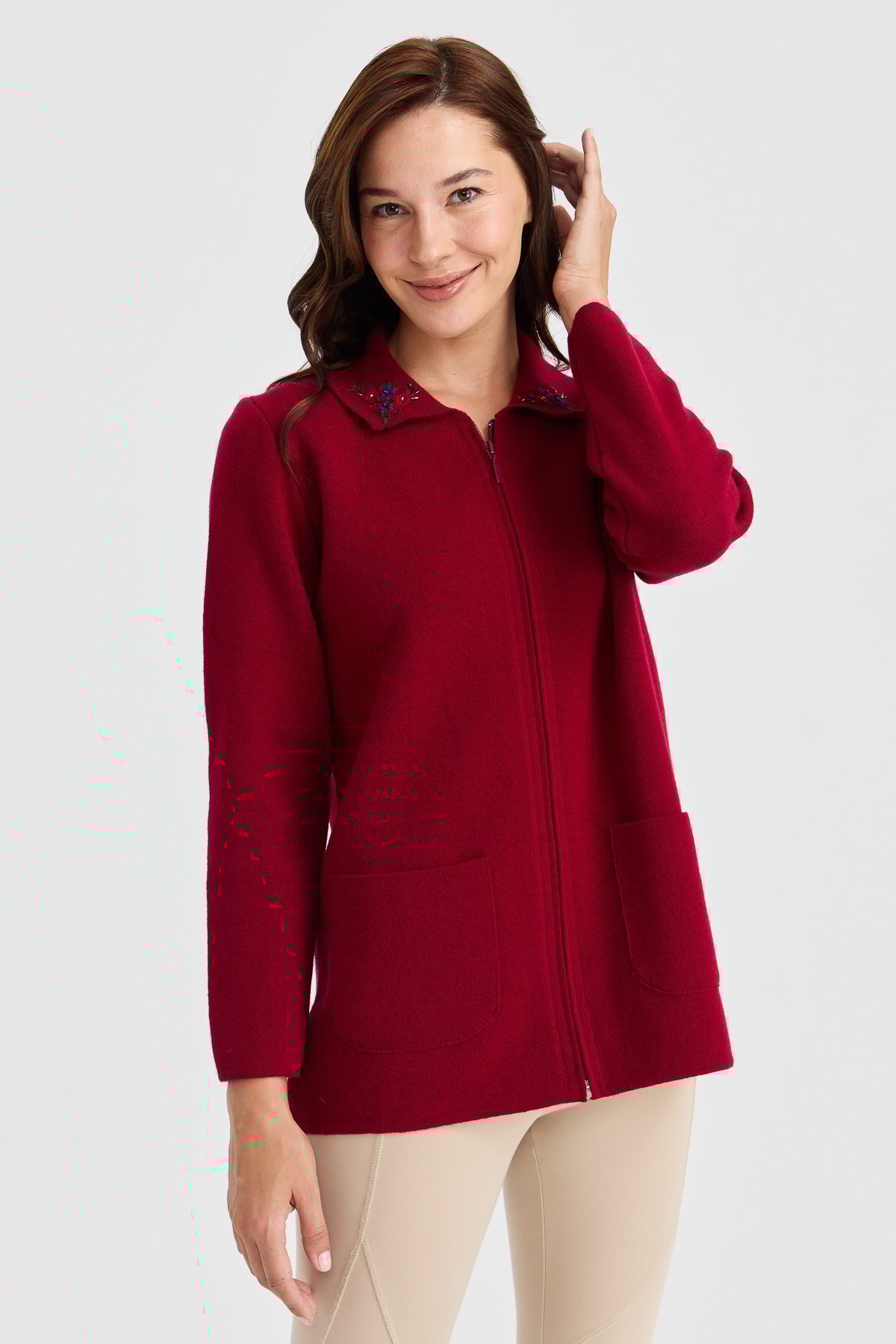 23002Kadın Polo Yaka Kenarı Dantel İşlemeli Yün Ceket V.Çürüğü