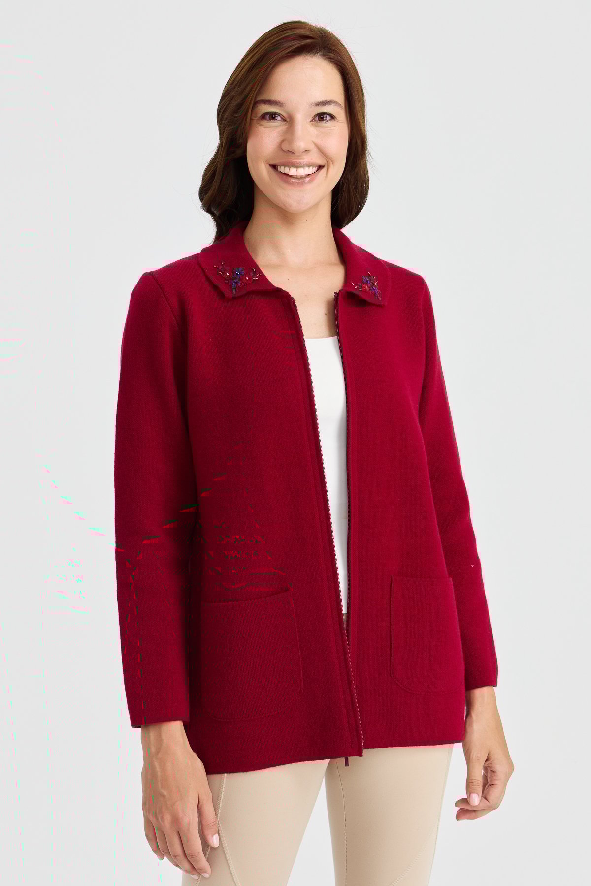 23002Kadın Polo Yaka Kenarı Dantel İşlemeli Yün Ceket V.Çürüğü