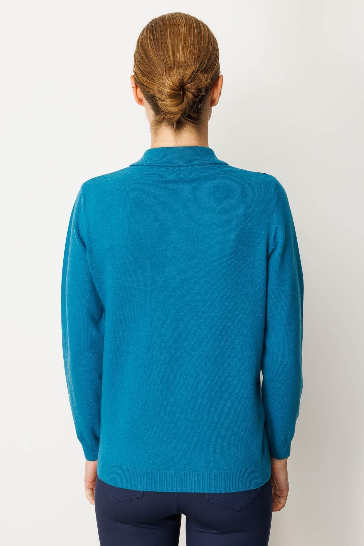 24037Kadın Polo Yaka Önü Baklavalı Yün Kazak A.Petrol