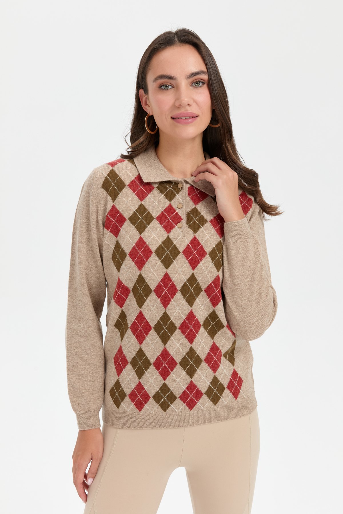 24037Kadın Polo Yaka Önü Baklavalı Yün Kazak K.Bej