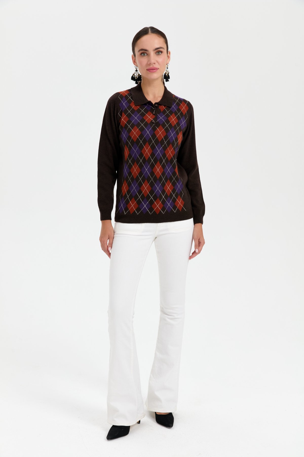 24037Kadın Polo Yaka Önü Baklavalı Yün Kazak K.Kahve