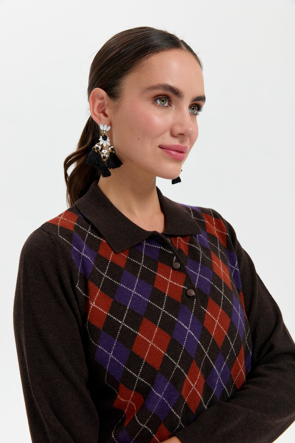 24037Kadın Polo Yaka Önü Baklavalı Yün Kazak K.Kahve