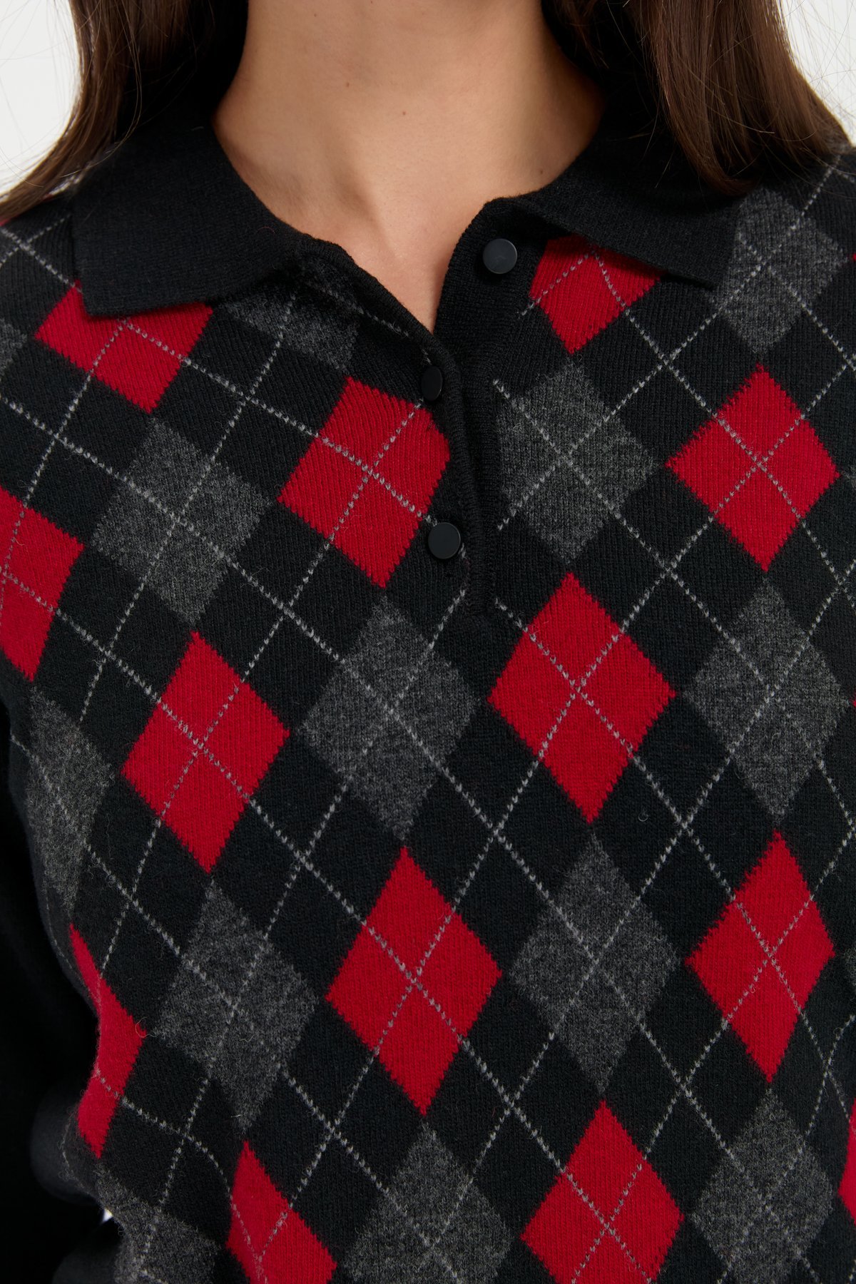 24037Kadın Polo Yaka Önü Baklavalı Yün Kazak Siyah