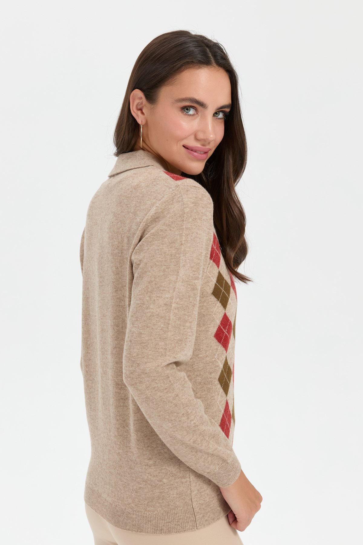 24037Kadın Polo Yaka Önü Baklavalı Yün Kazak K.Bej