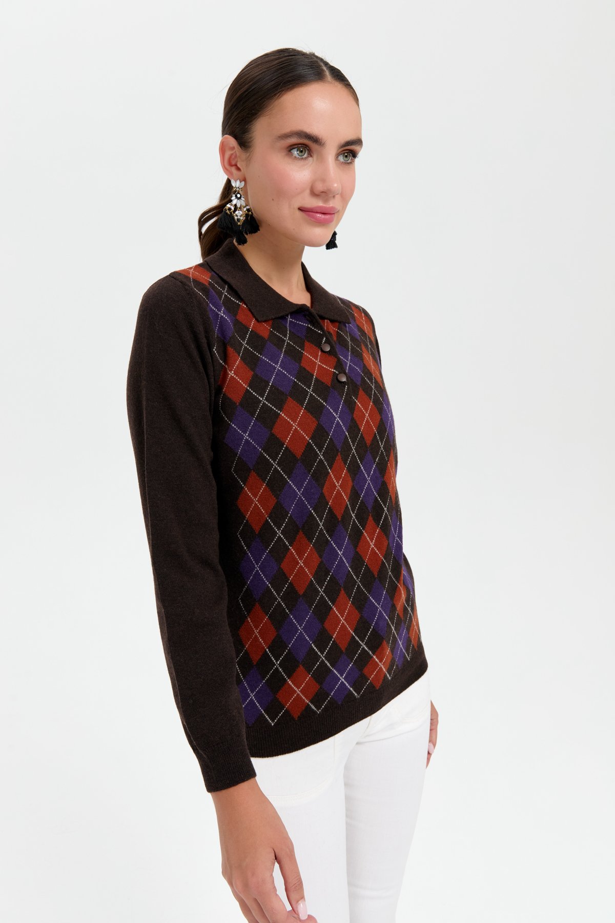 24037Kadın Polo Yaka Önü Baklavalı Yün Kazak K.Kahve