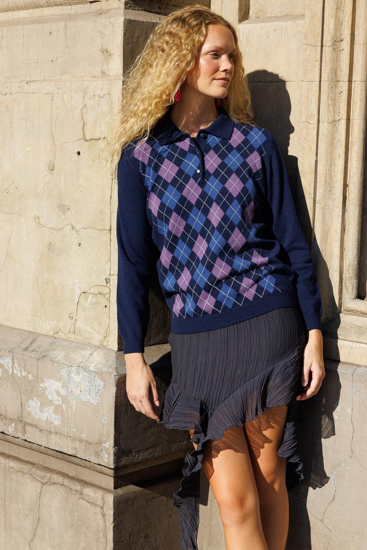 24037Kadın Polo Yaka Önü Baklavalı Yün Kazak Y.A.Lacivert