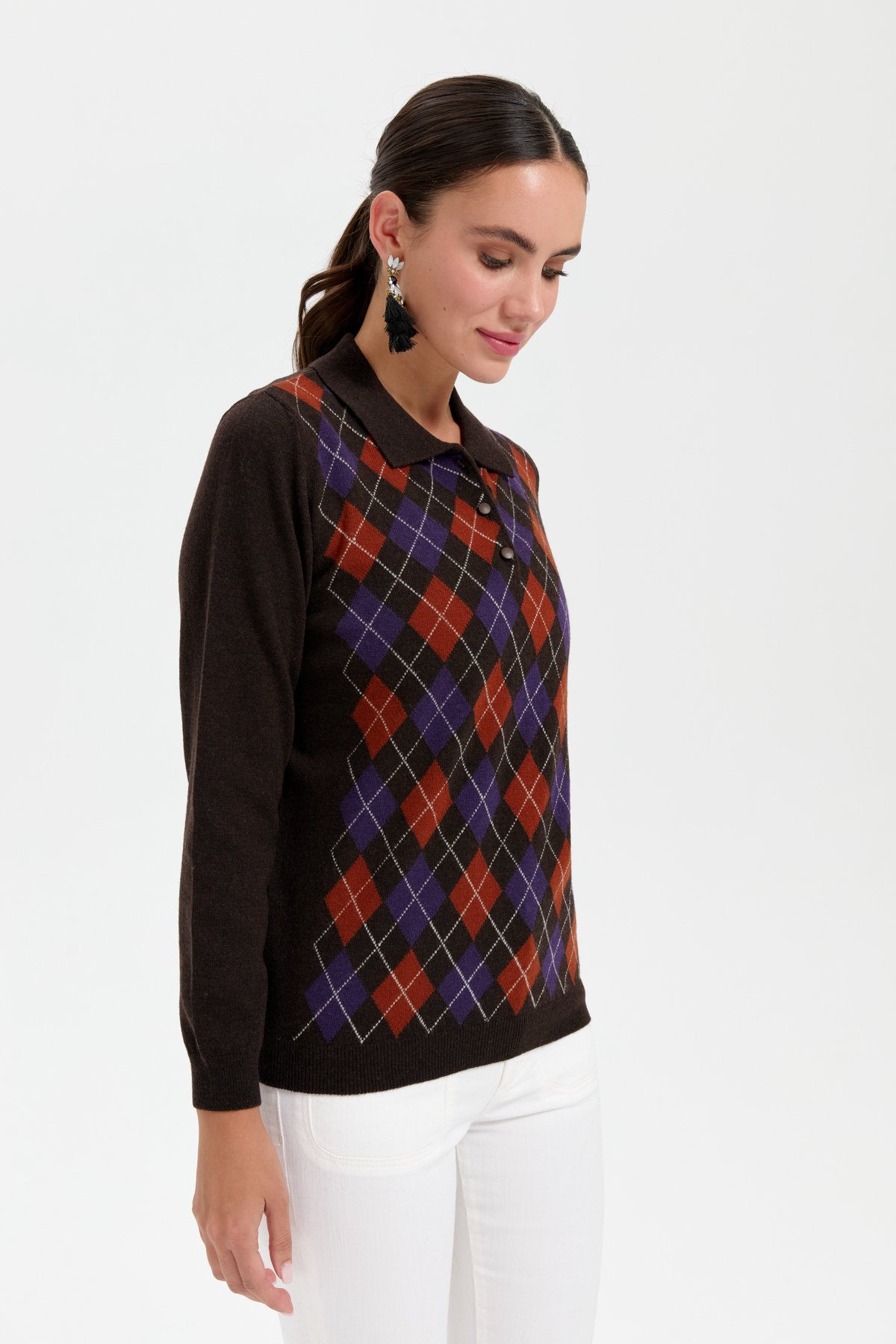 24037Kadın Polo Yaka Önü Baklavalı Yün Kazak K.Kahve