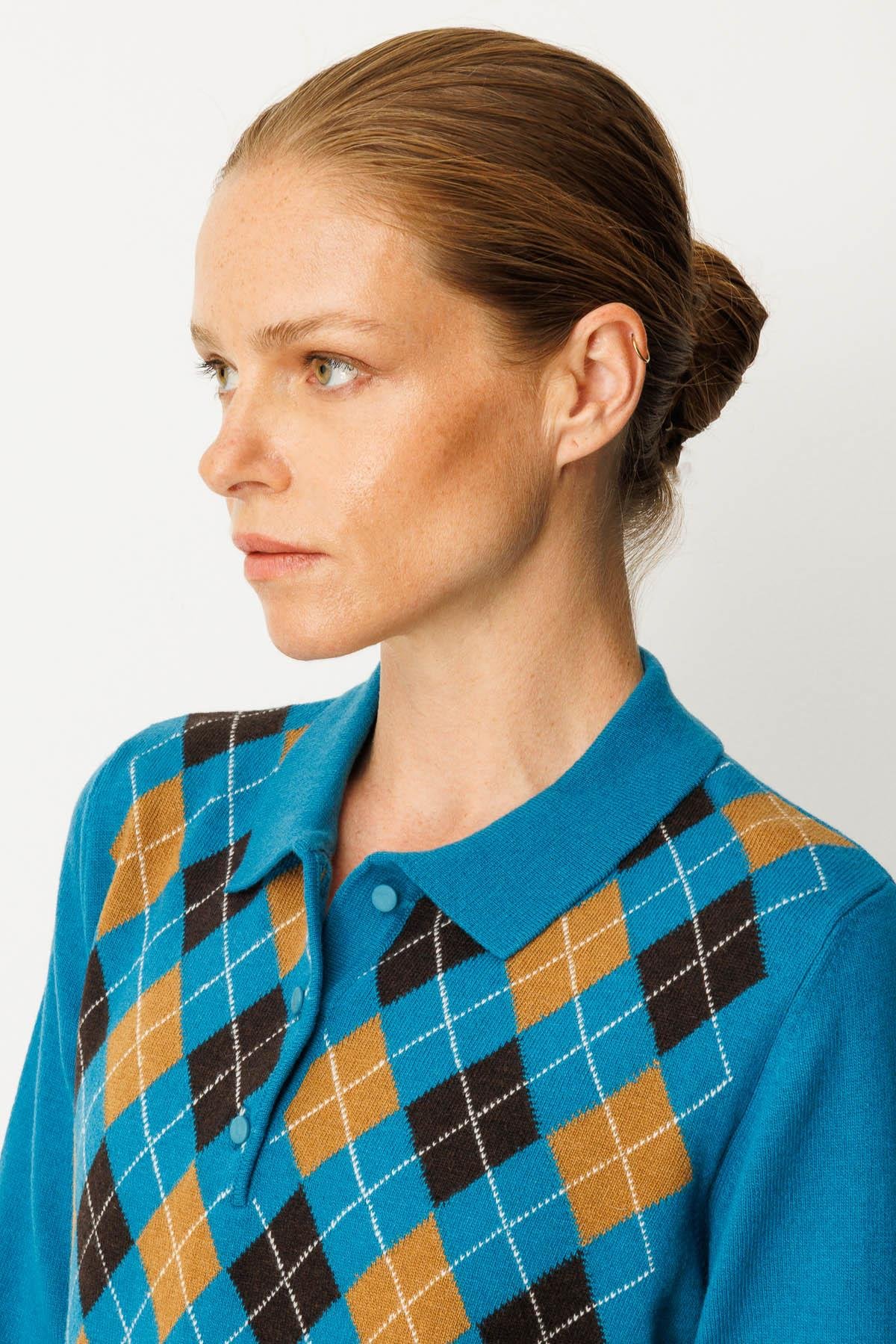 24037Kadın Polo Yaka Önü Baklavalı Yün Kazak A.Petrol