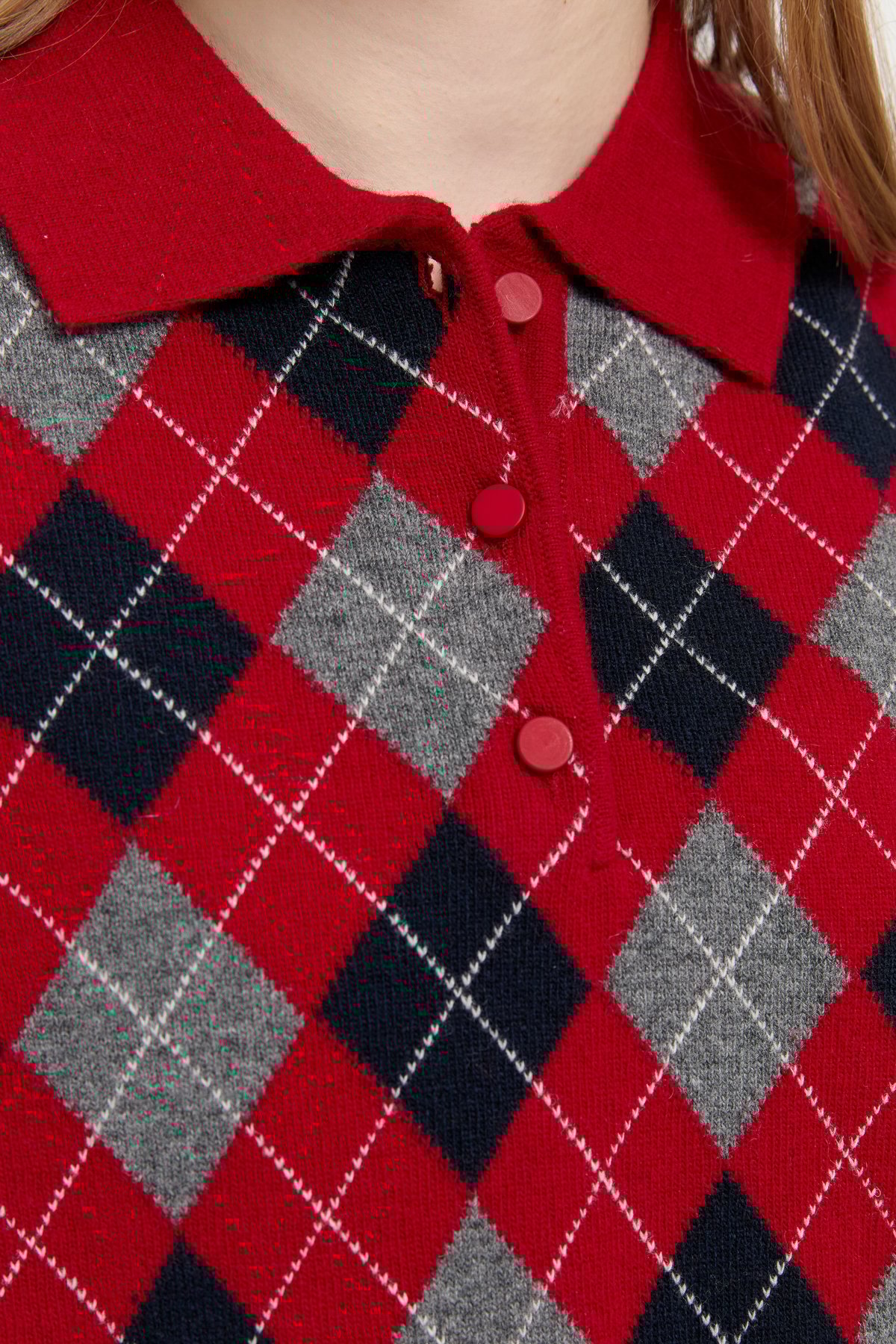 24037Kadın Polo Yaka Önü Baklavalı Yün Kazak K.Kırmızı