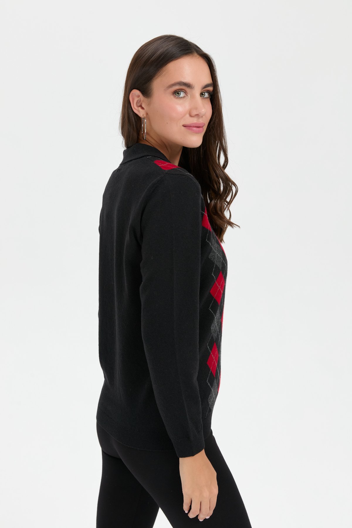 24037Kadın Polo Yaka Önü Baklavalı Yün Kazak Siyah