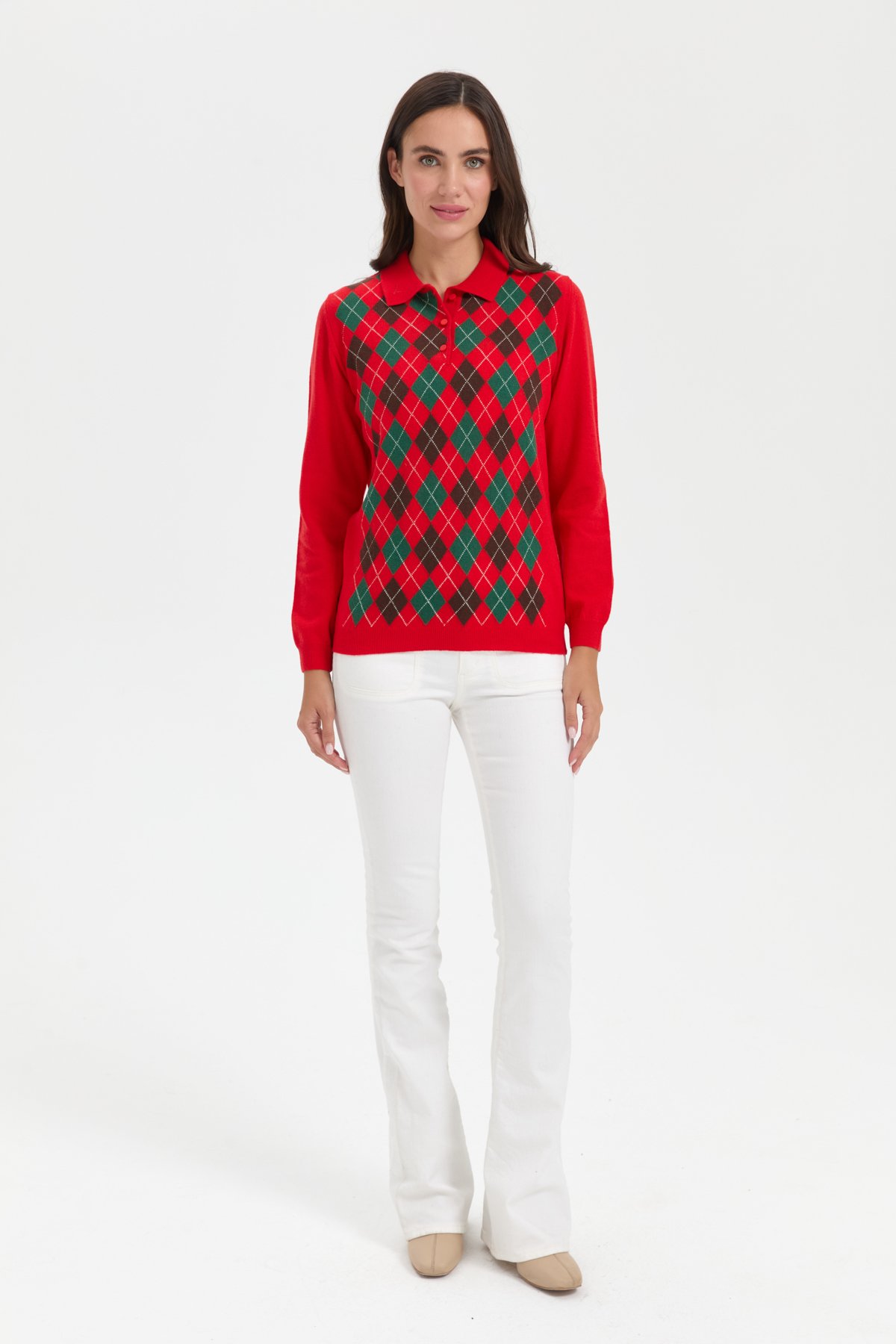 24037Kadın Polo Yaka Önü Baklavalı Yün Kazak Mercan