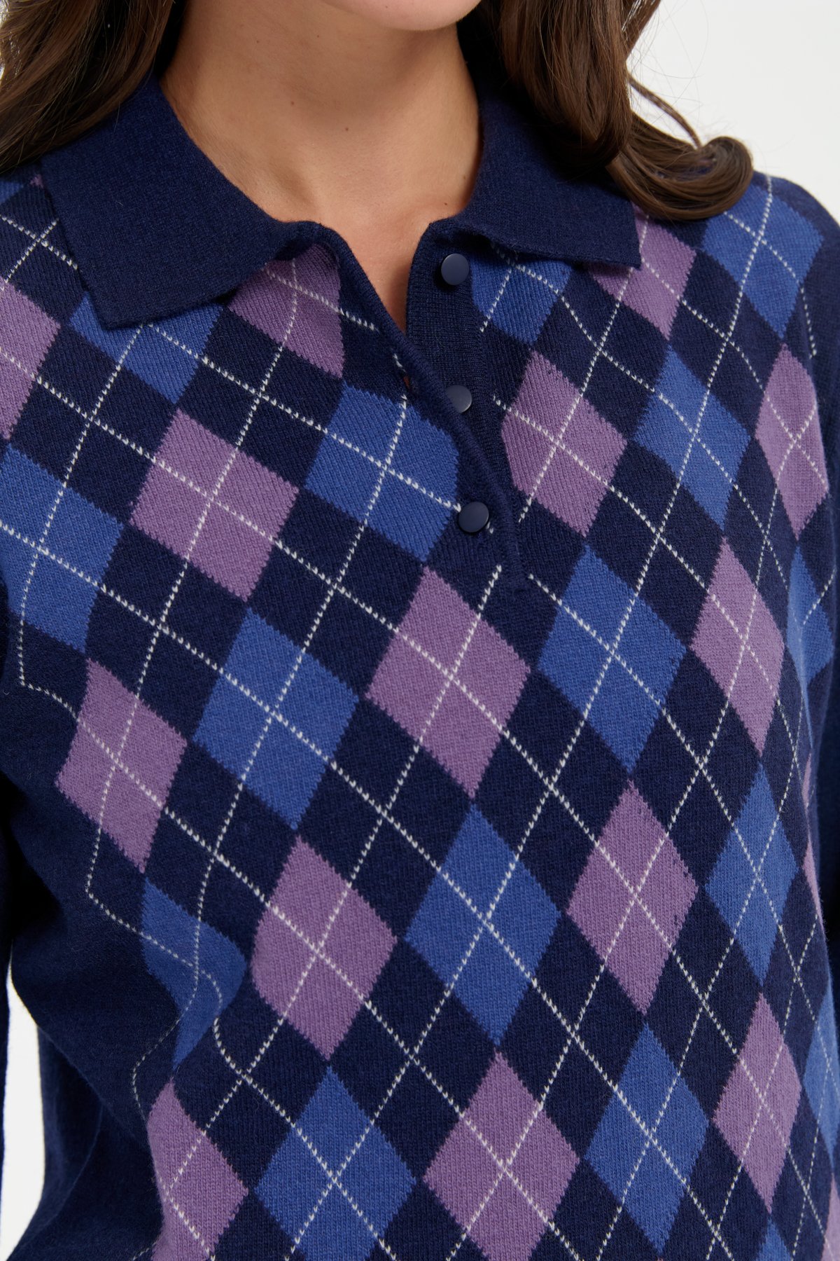 24037Kadın Polo Yaka Önü Baklavalı Yün Kazak Y.A.Lacivert