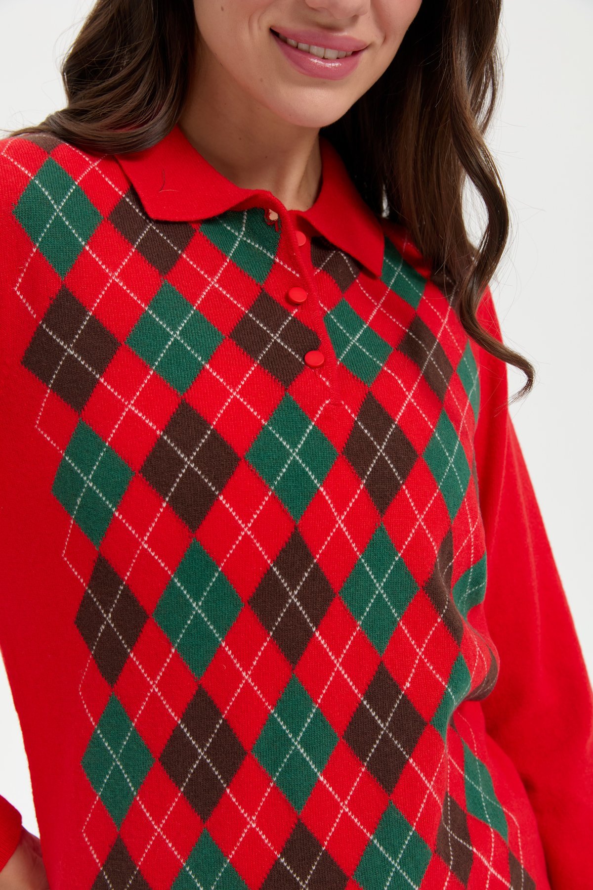 24037Kadın Polo Yaka Önü Baklavalı Yün Kazak Mercan