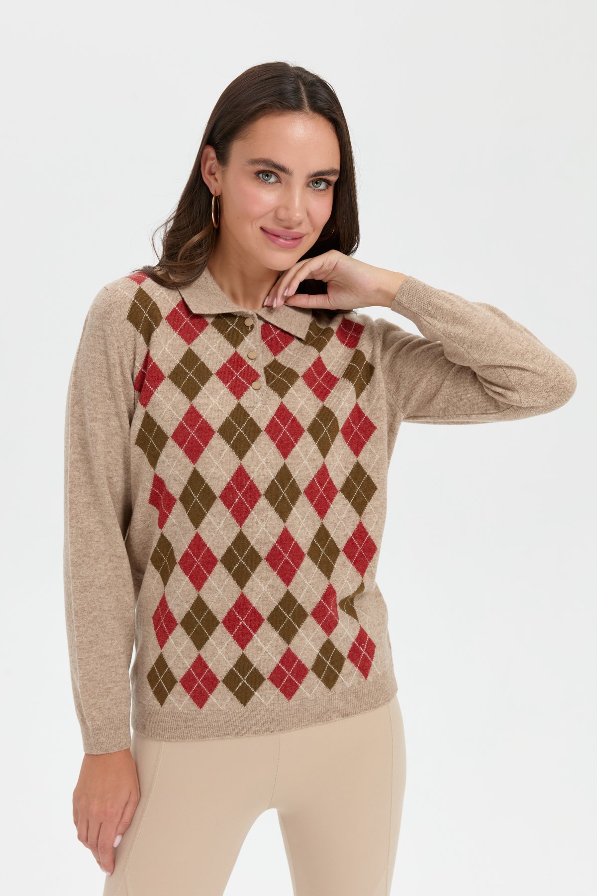 24037Kadın Polo Yaka Önü Baklavalı Yün Kazak K.Bej