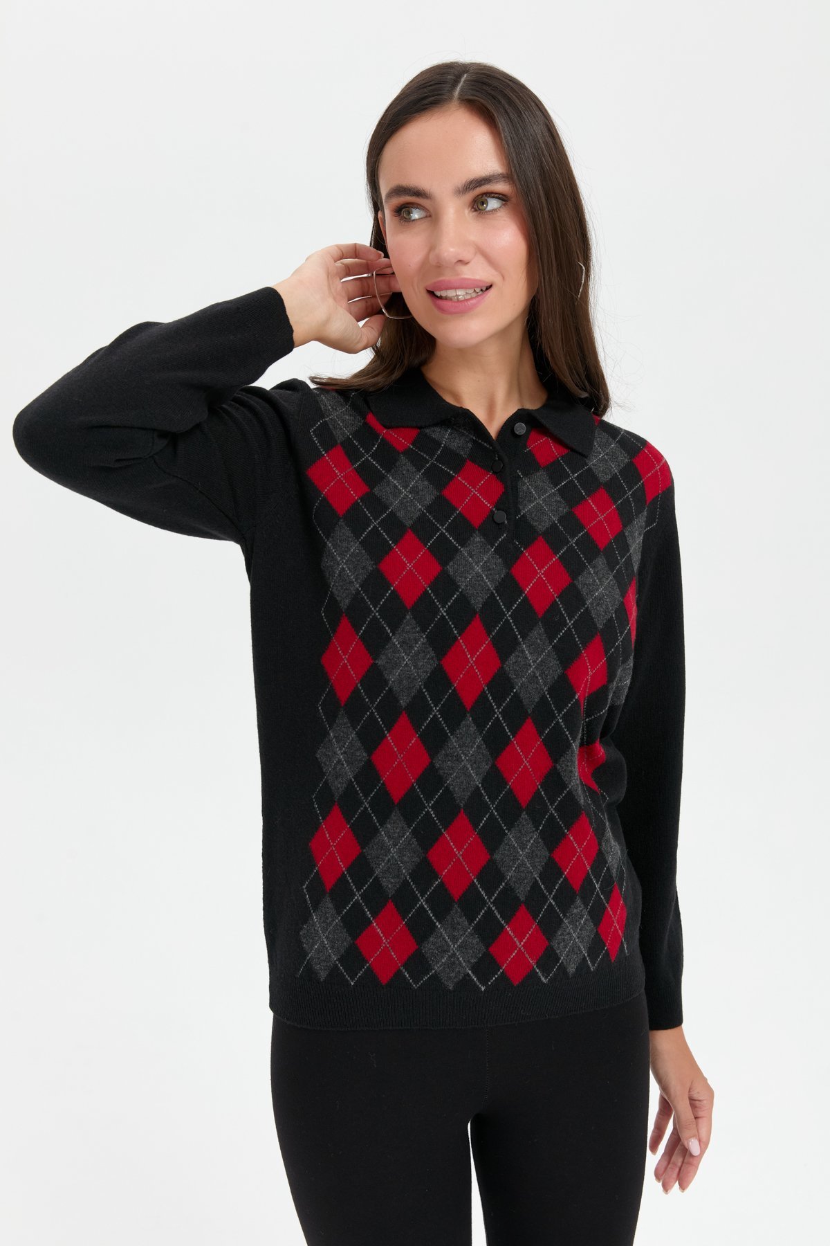 24037Kadın Polo Yaka Önü Baklavalı Yün Kazak Siyah