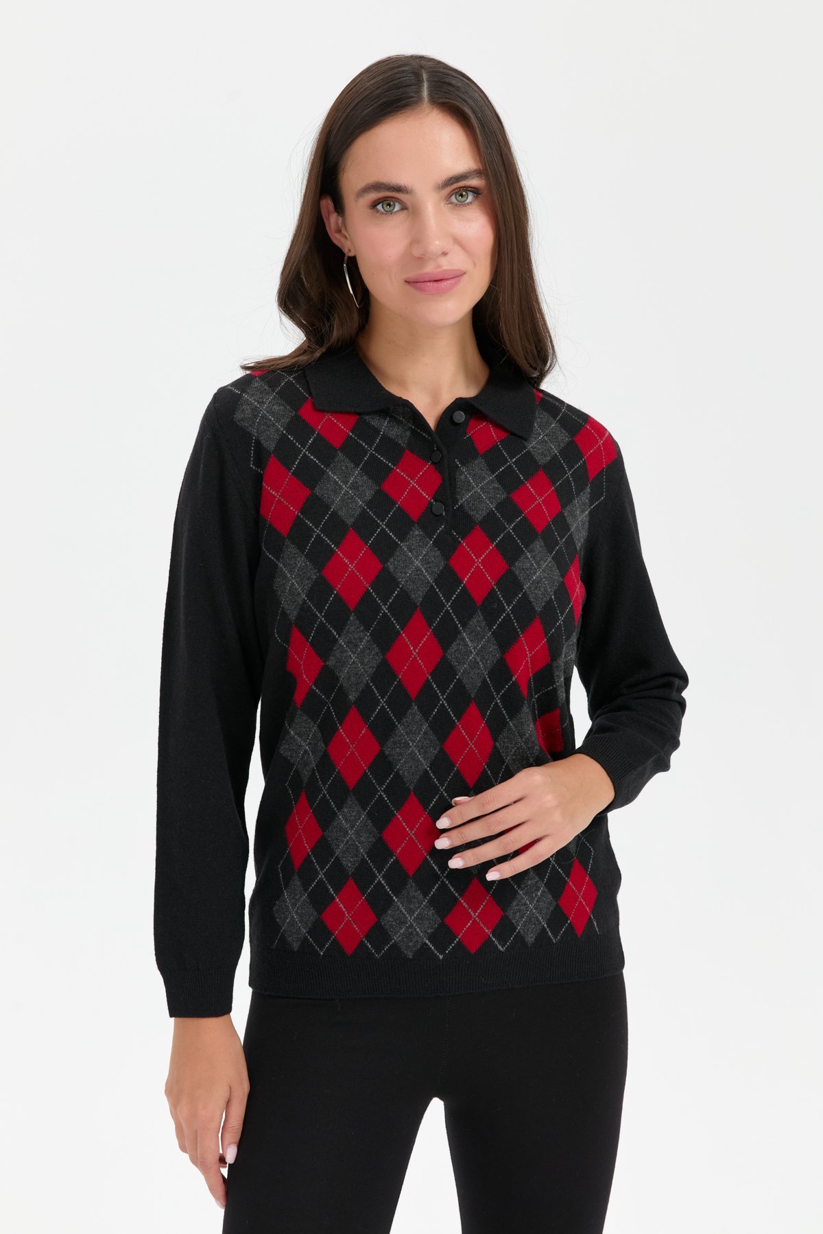 24037Kadın Polo Yaka Önü Baklavalı Yün Kazak Siyah