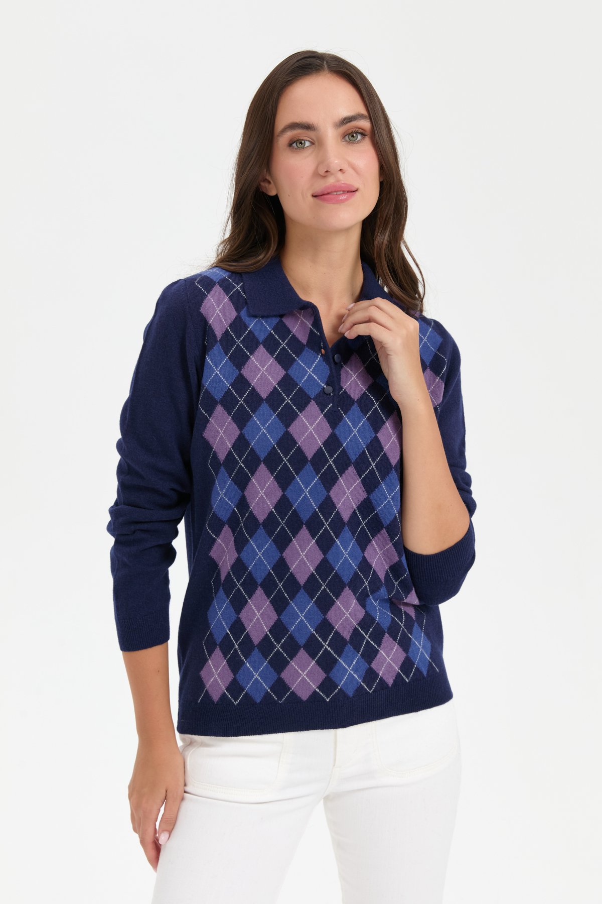 24037Kadın Polo Yaka Önü Baklavalı Yün Kazak Y.A.Lacivert