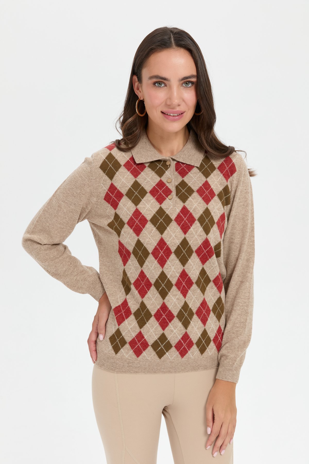 24037Kadın Polo Yaka Önü Baklavalı Yün Kazak K.Bej