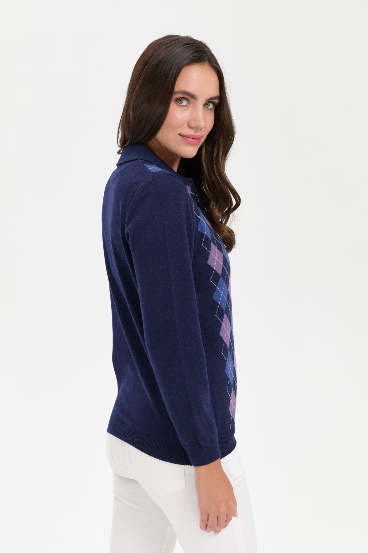 24037Kadın Polo Yaka Önü Baklavalı Yün Kazak Y.A.Lacivert