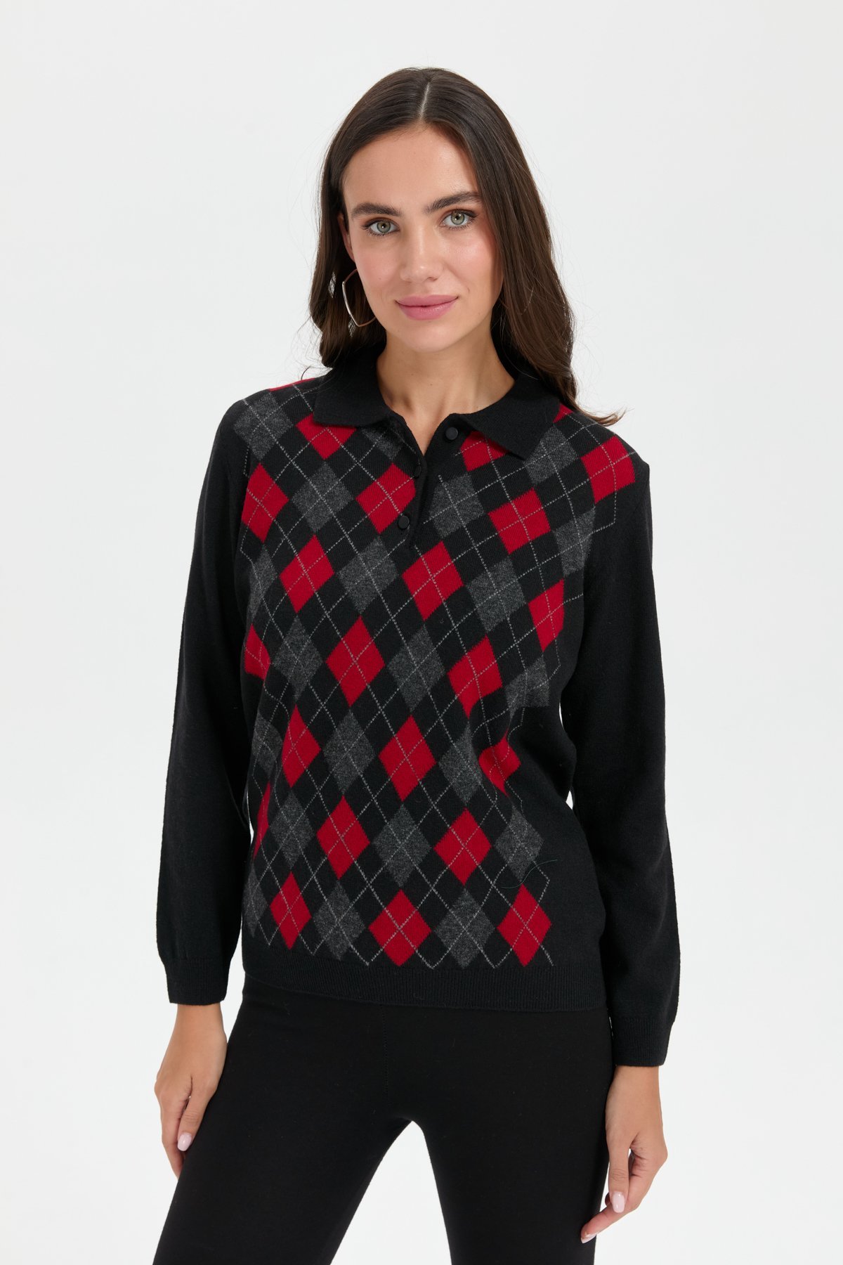 24037Kadın Polo Yaka Önü Baklavalı Yün Kazak Siyah