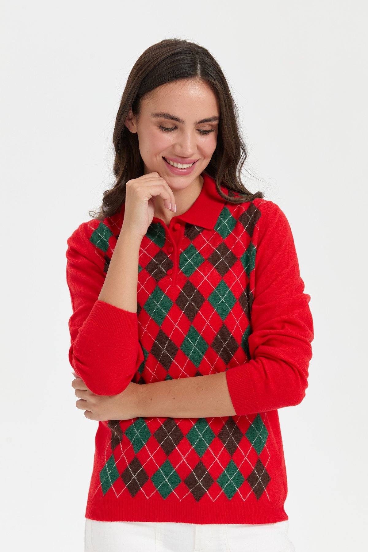 24037Kadın Polo Yaka Önü Baklavalı Yün Kazak Mercan