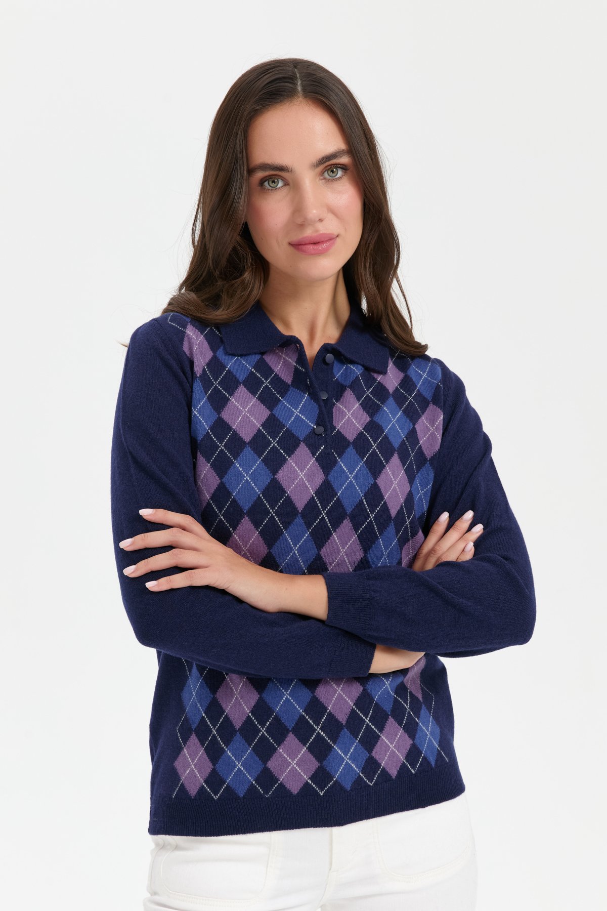 24037Kadın Polo Yaka Önü Baklavalı Yün Kazak Y.A.Lacivert