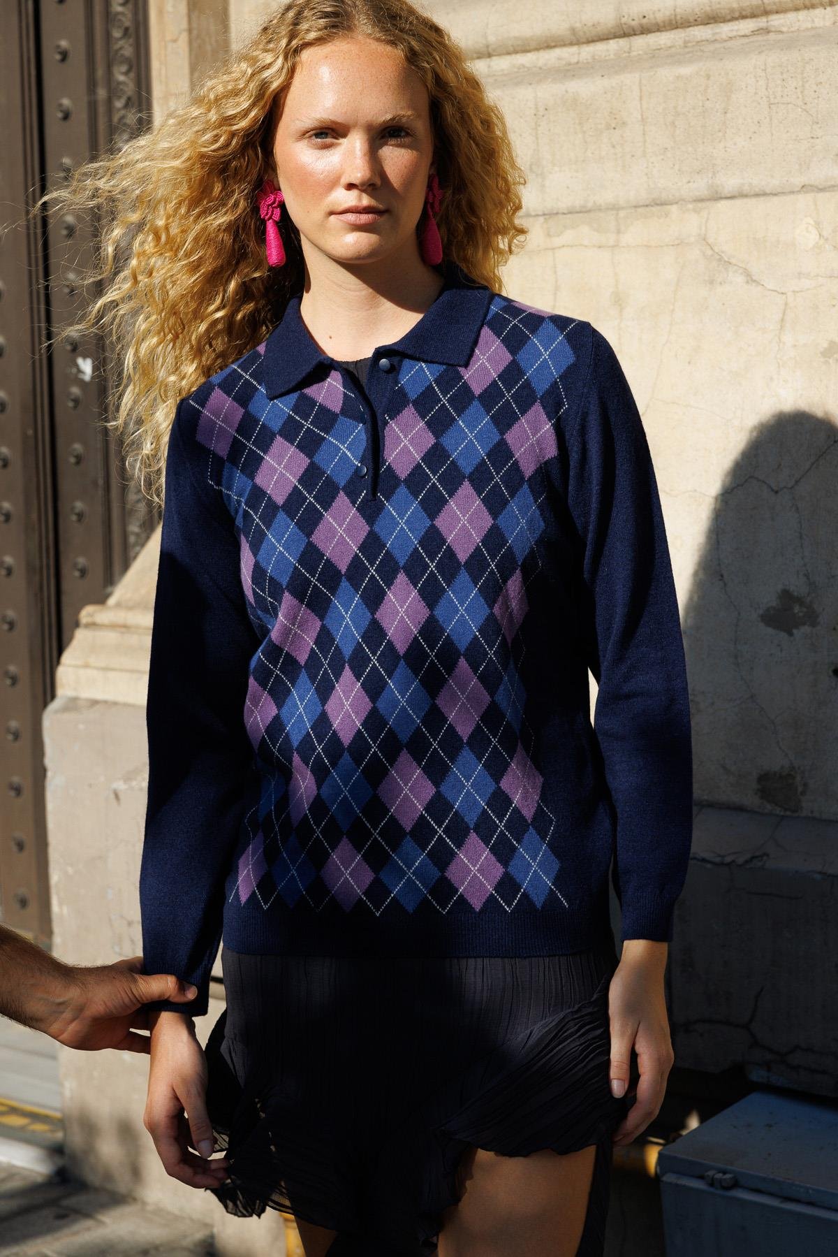 24037Kadın Polo Yaka Önü Baklavalı Yün Kazak Y.A.Lacivert