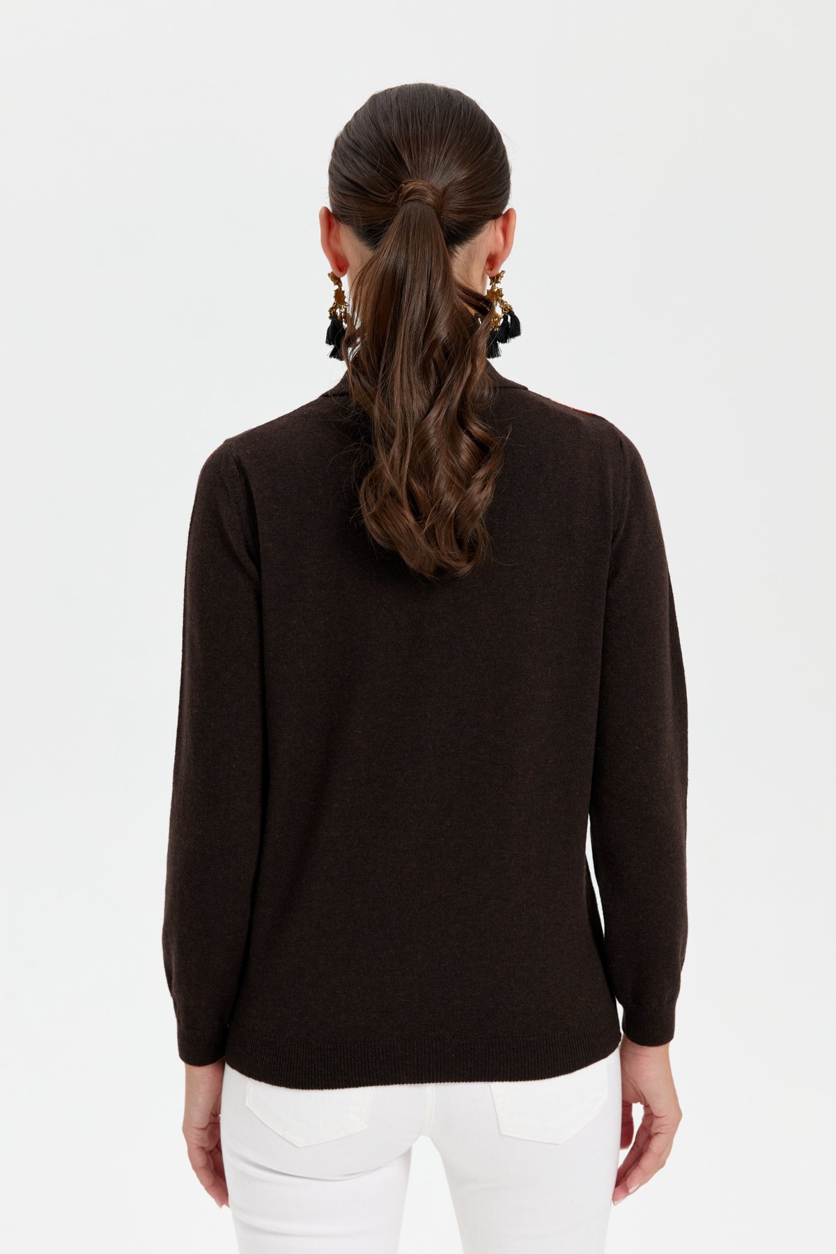 24037Kadın Polo Yaka Önü Baklavalı Yün Kazak K.Kahve