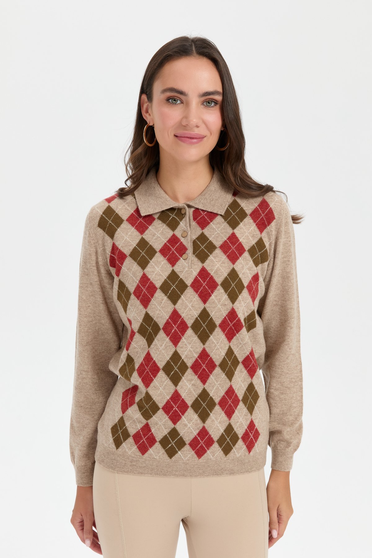 24037Kadın Polo Yaka Önü Baklavalı Yün Kazak K.Bej