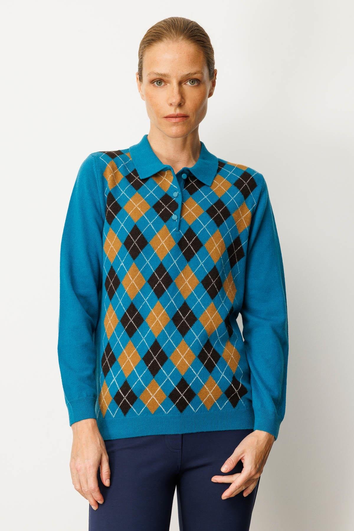 24037Kadın Polo Yaka Önü Baklavalı Yün Kazak A.Petrol