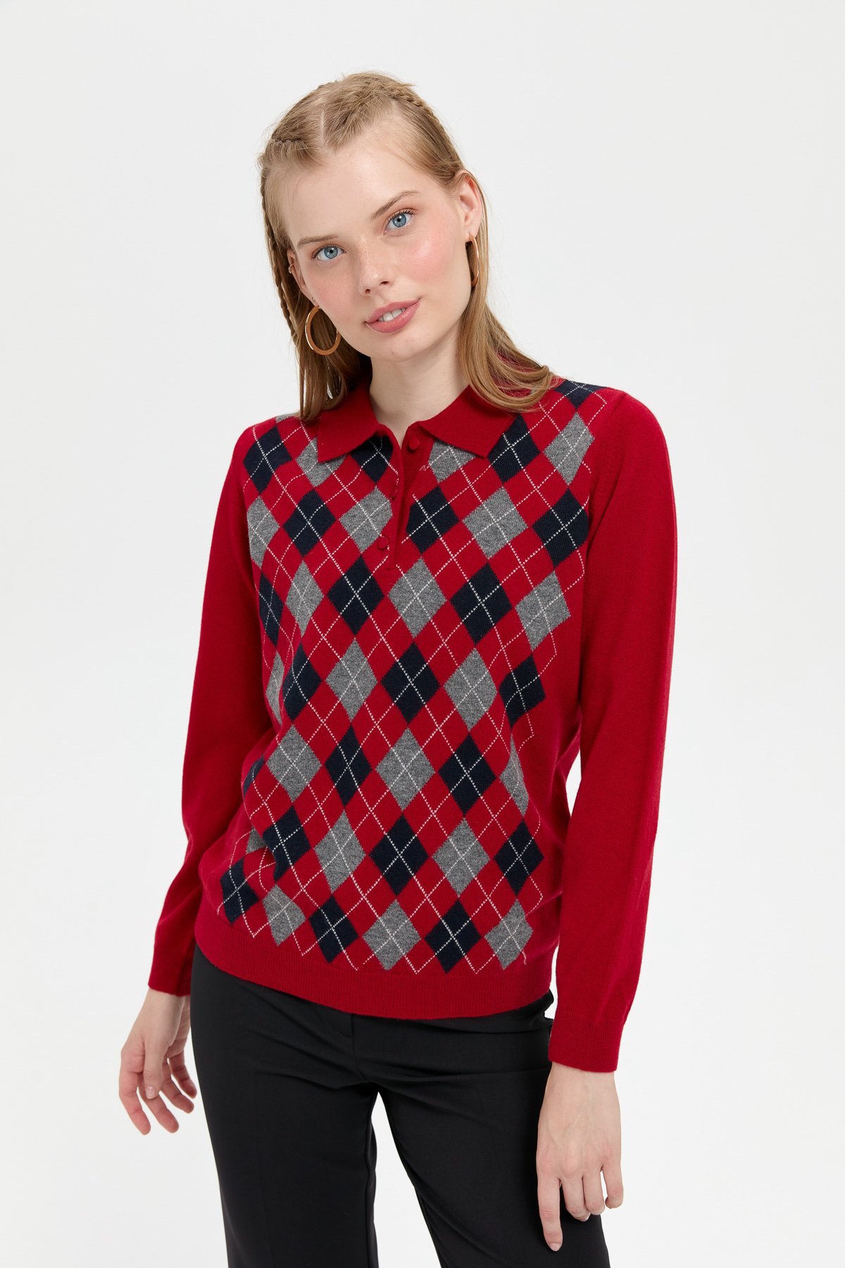 24037Kadın Polo Yaka Önü Baklavalı Yün Kazak K.Kırmızı