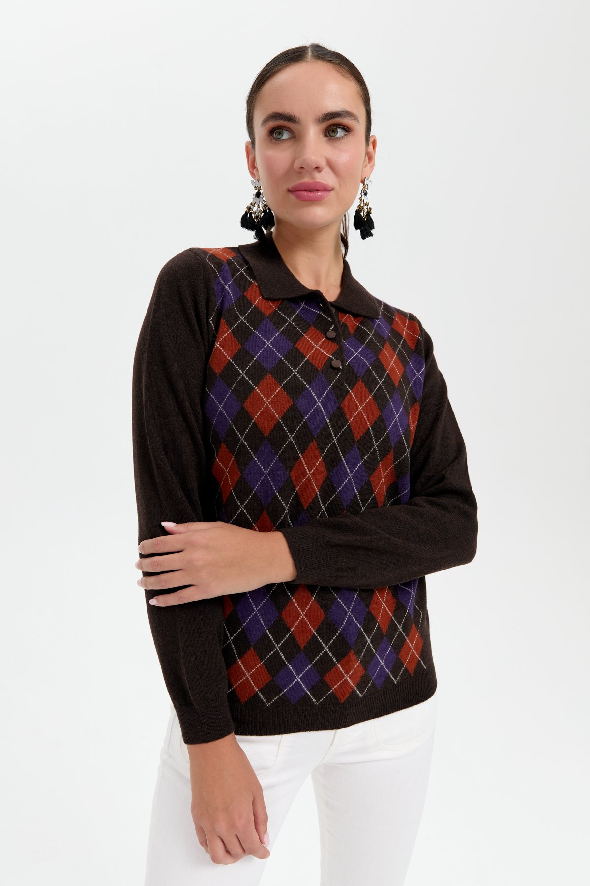 24037Kadın Polo Yaka Önü Baklavalı Yün Kazak K.Kahve