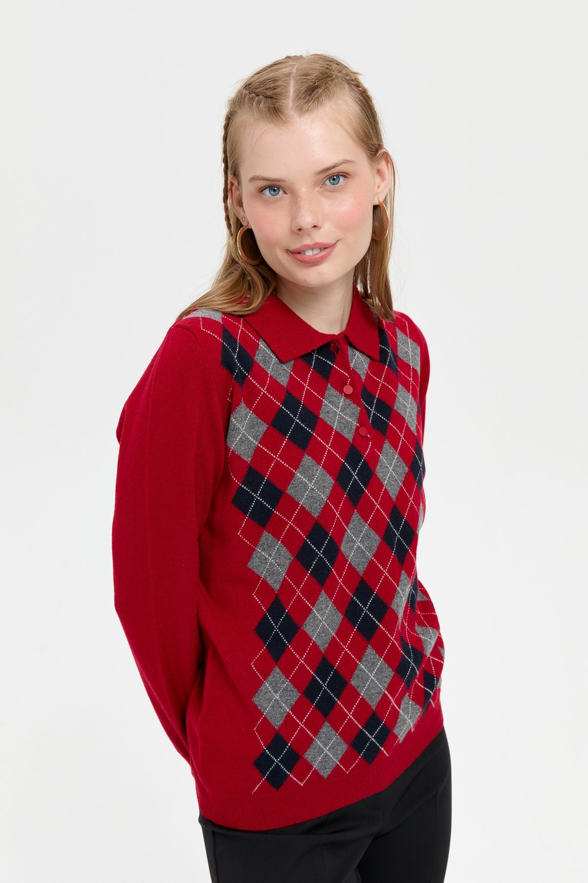 24037Kadın Polo Yaka Önü Baklavalı Yün Kazak K.Kırmızı