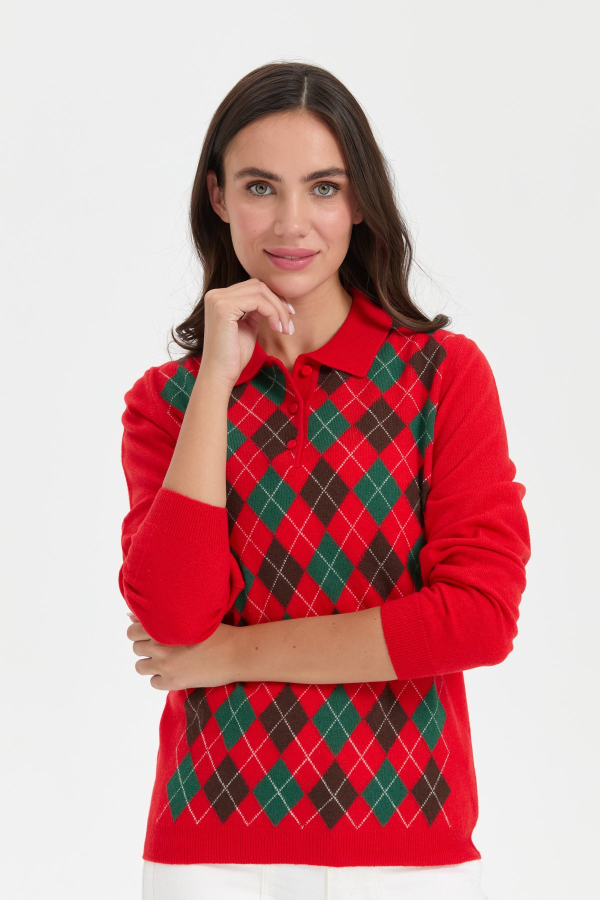 24037Kadın Polo Yaka Önü Baklavalı Yün Kazak Mercan