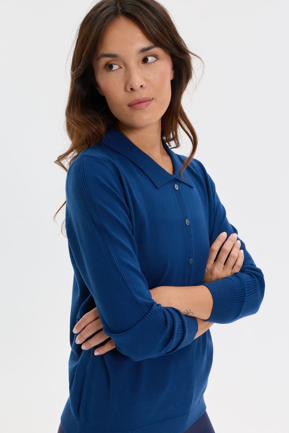 26658Kadın Polo Yaka Önü Örgülü Triko Kazak Y.A Lacivert