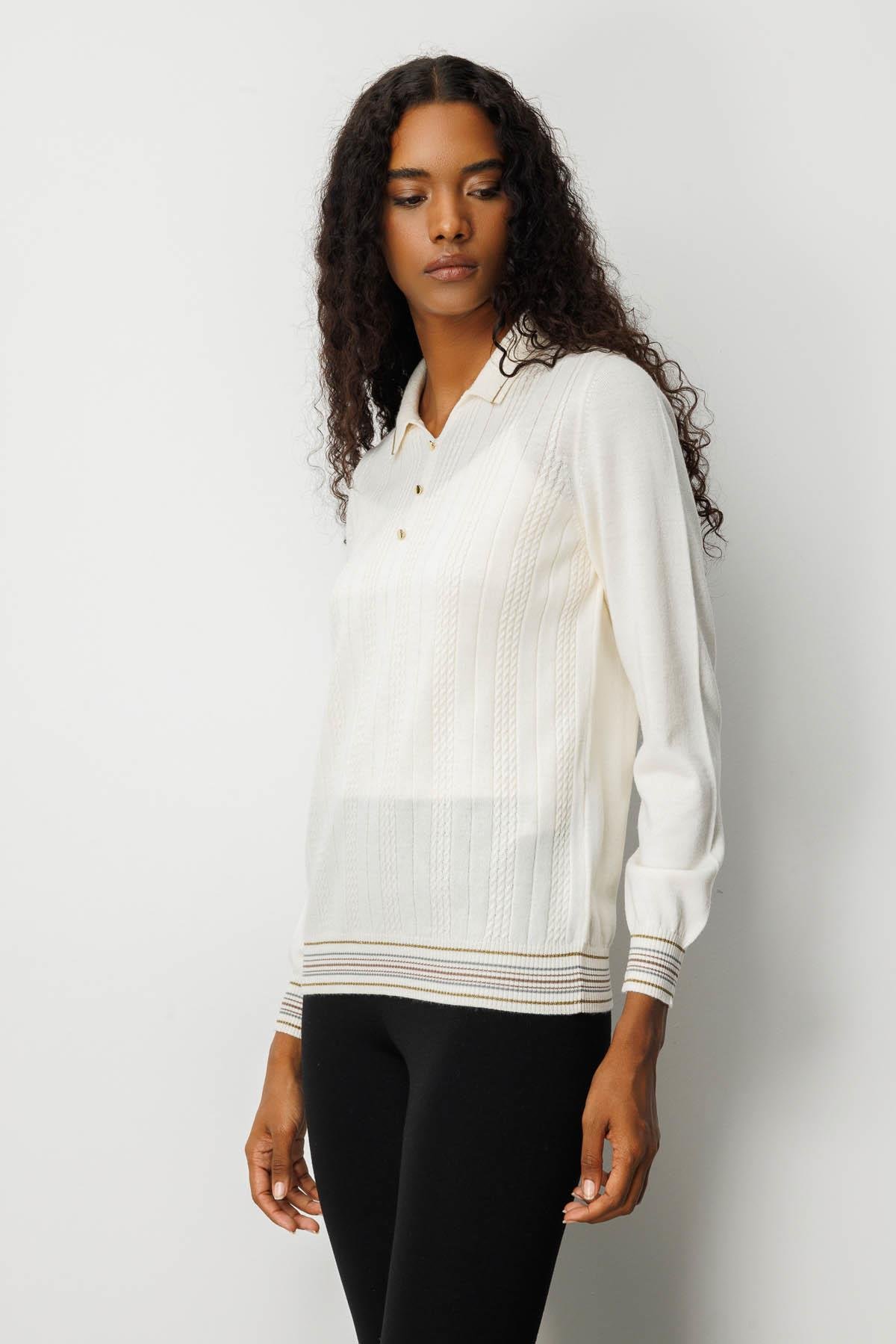 25080Kadın Polo Yaka Simli Çizgili Yün Bluz Kemik