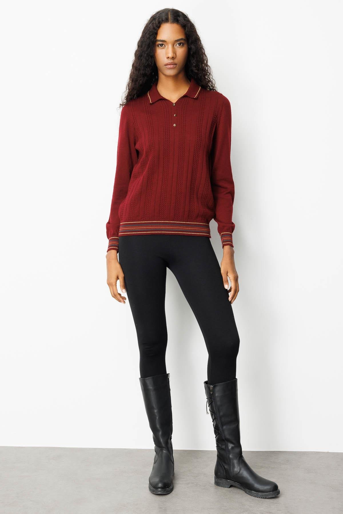 25080Kadın Polo Yaka Simli Çizgili Yün Bluz Bordo