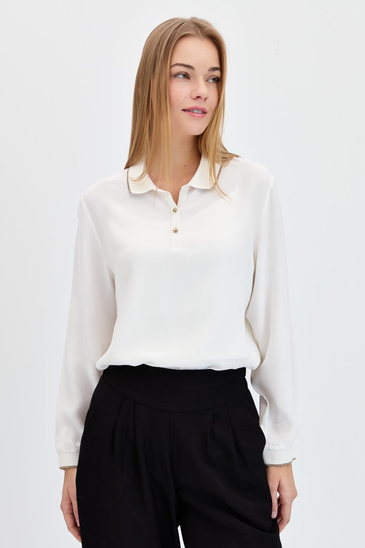 23486Kadın Polo Yaka Uzun Kollu Gömlek Ekru