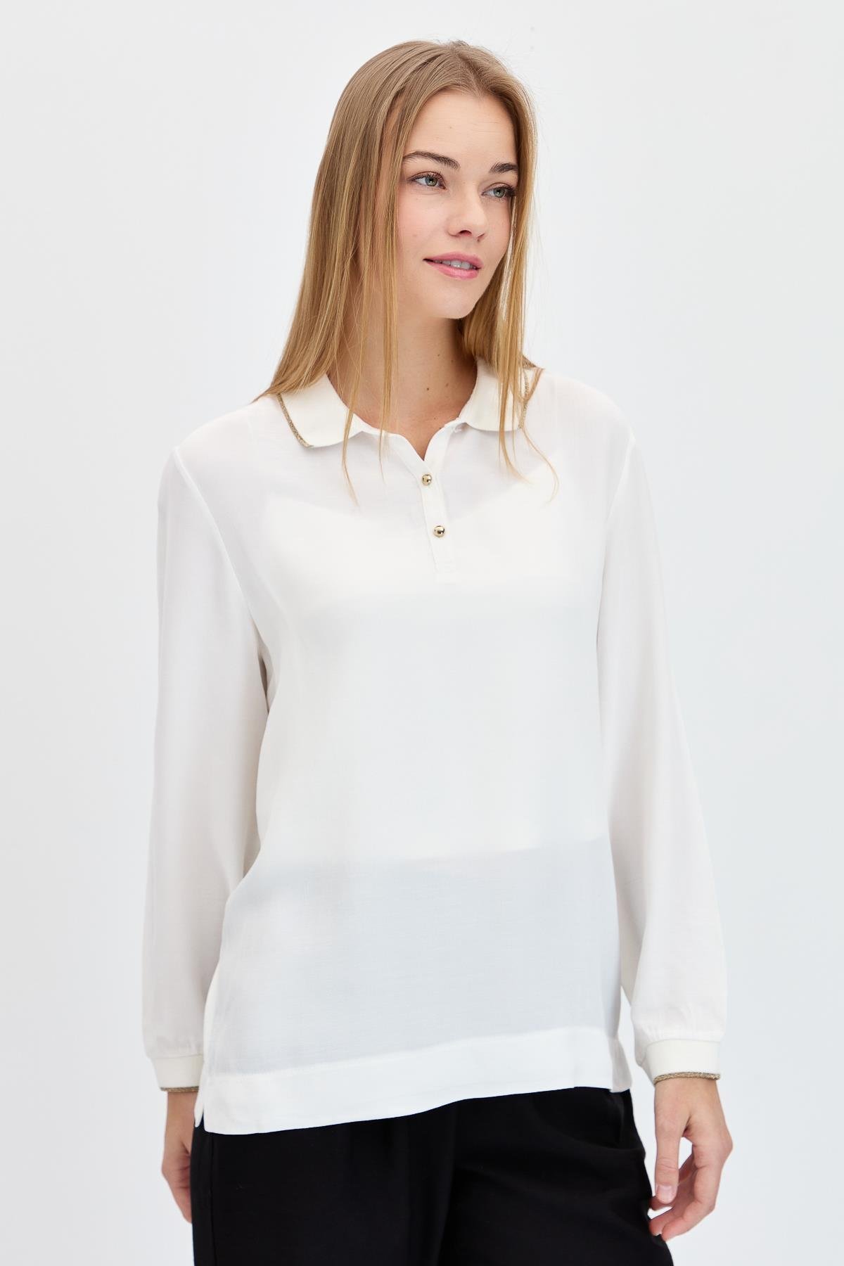23486Kadın Polo Yaka Uzun Kollu Gömlek Ekru