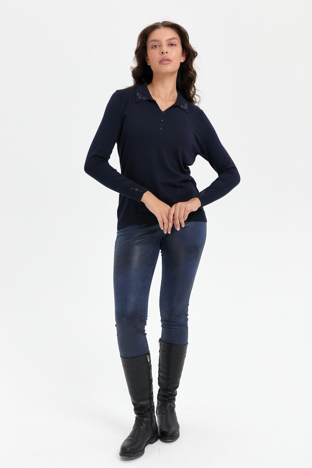 24092Kadın Polo Yaka Yakası İşlemeli Kazak K.Lacivert