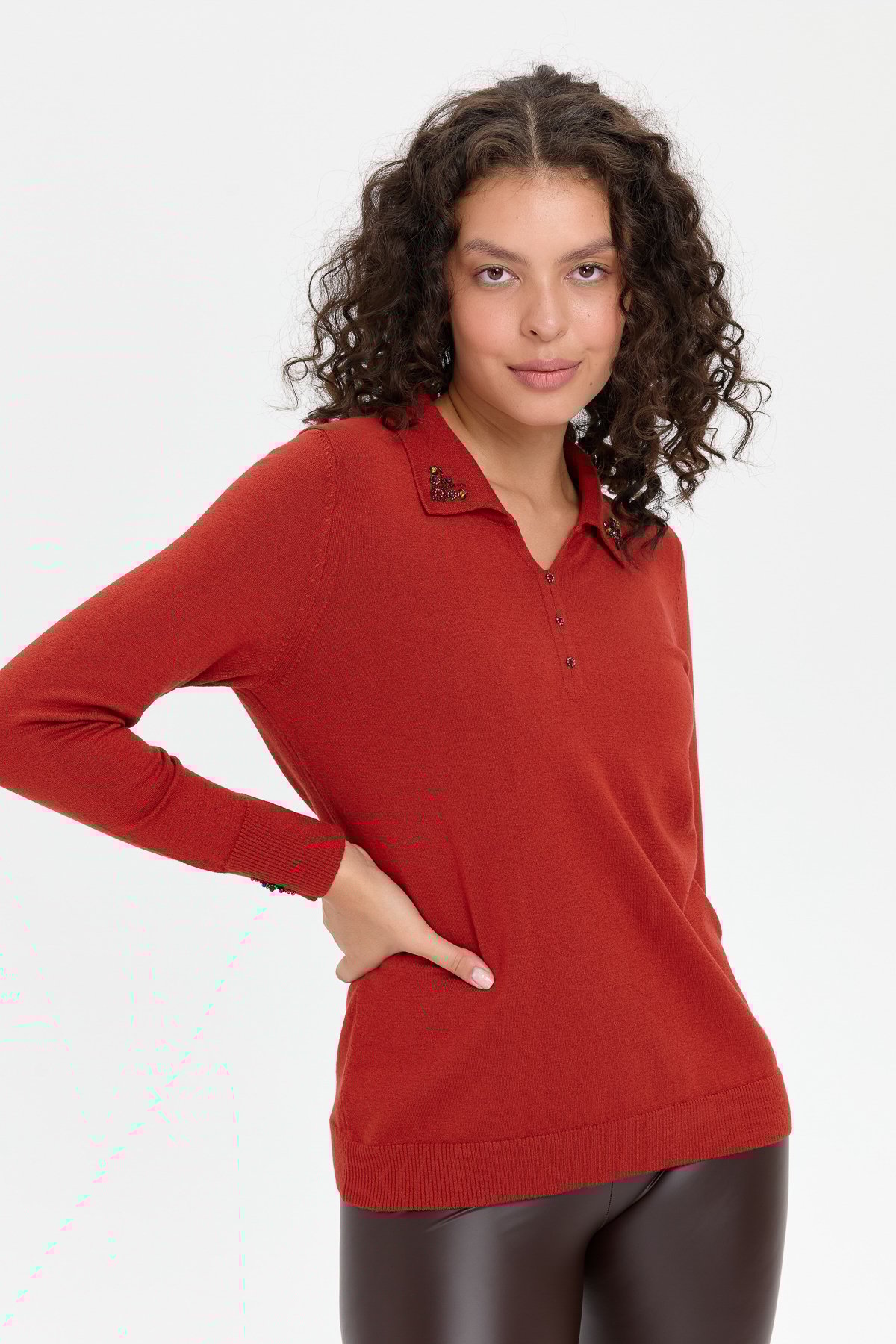 24092Kadın Polo Yaka Yakası İşlemeli Kazak K.Kiremit