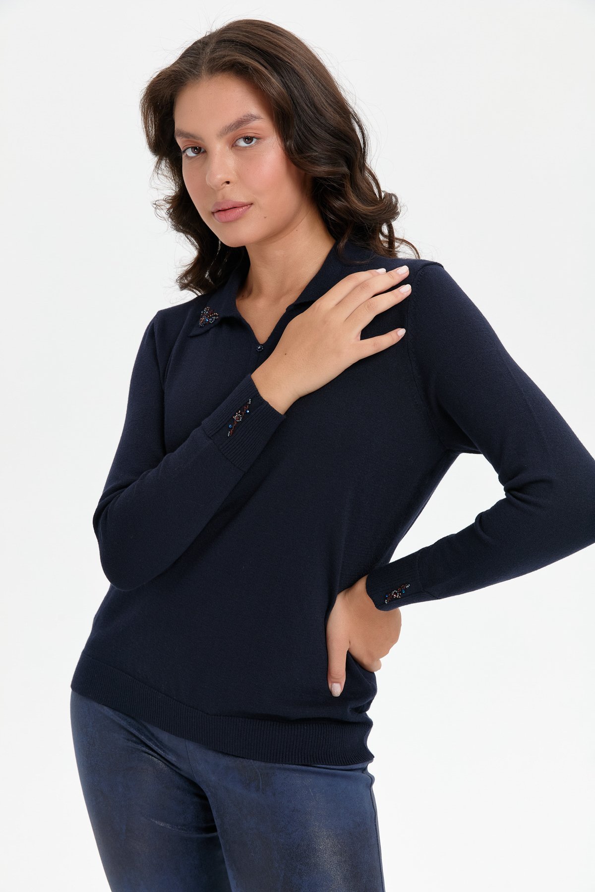 24092Kadın Polo Yaka Yakası İşlemeli Kazak K.Lacivert