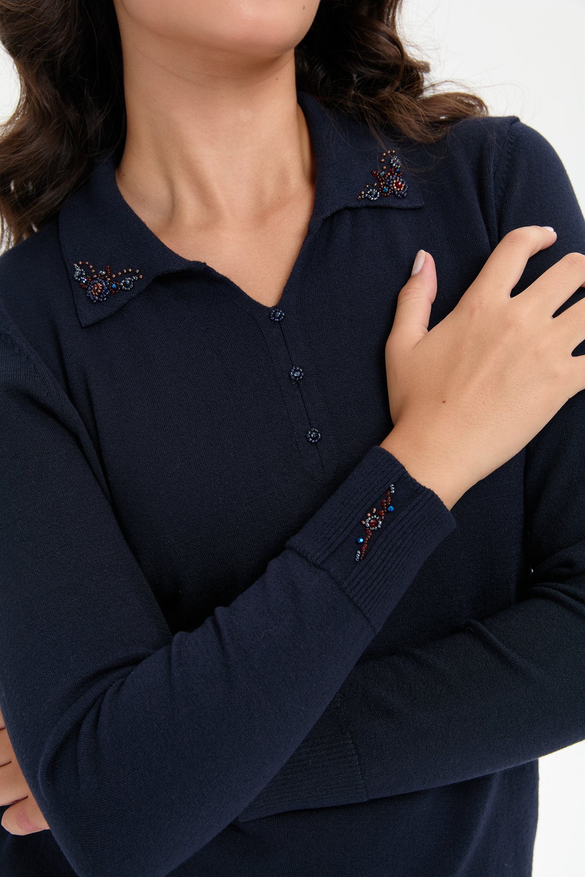 24092Kadın Polo Yaka Yakası İşlemeli Kazak K.Lacivert