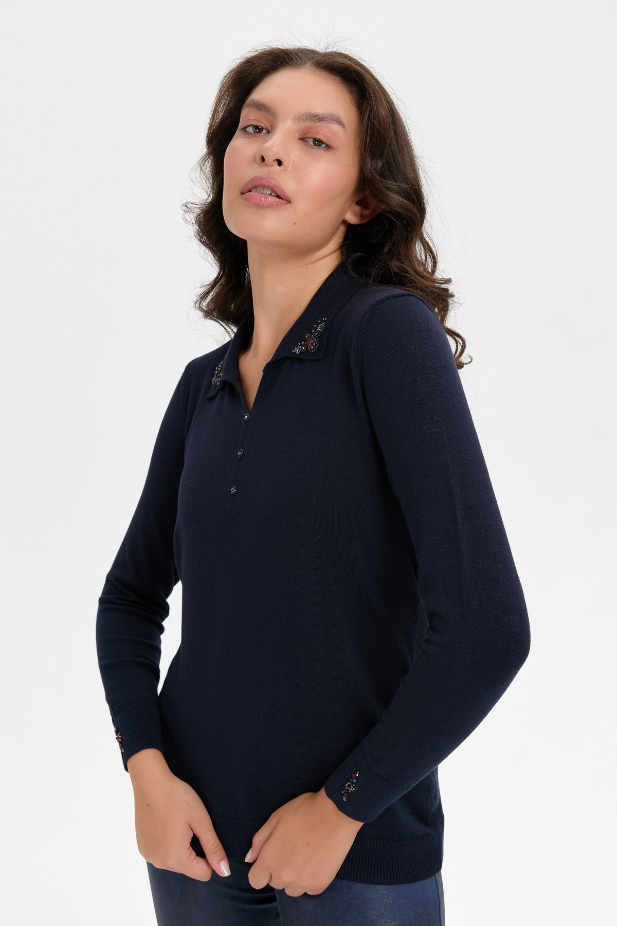 24092Kadın Polo Yaka Yakası İşlemeli Kazak K.Lacivert